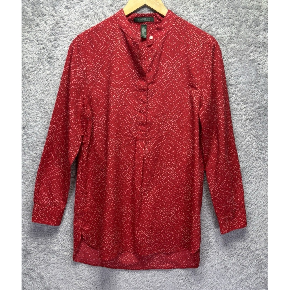 Lauren Ralph Lauren Womens M Top Red White Long Sleeve‎ V Neck Popover Classic